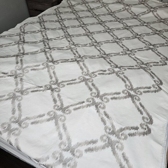 Geometric Upholstery Fabric 59"W By The Yard White Gray Lattice Embroidery Drape - Picture 1 of 8